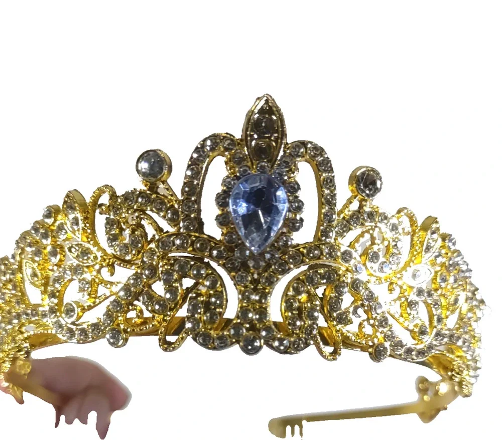 Rhinestone Bridal Tiara Alloy Crystal Crown Wedding Party in Blue & Gold
